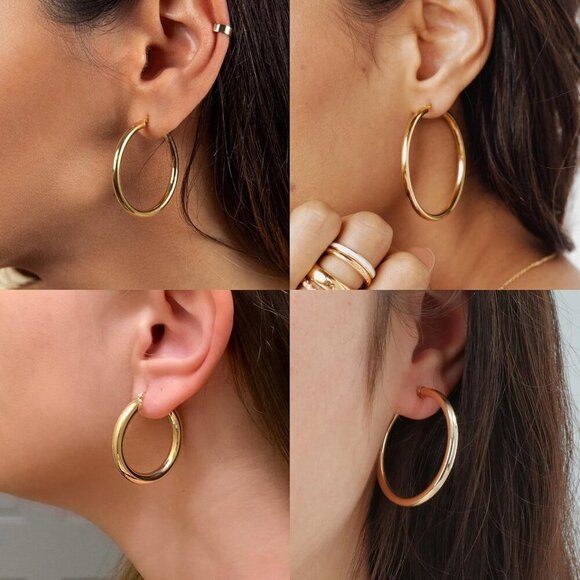 Gold Hoop Earrings Set - 50mm, 3mm Thick, Lightweight, Classic Fashion - Picture 2 of 6